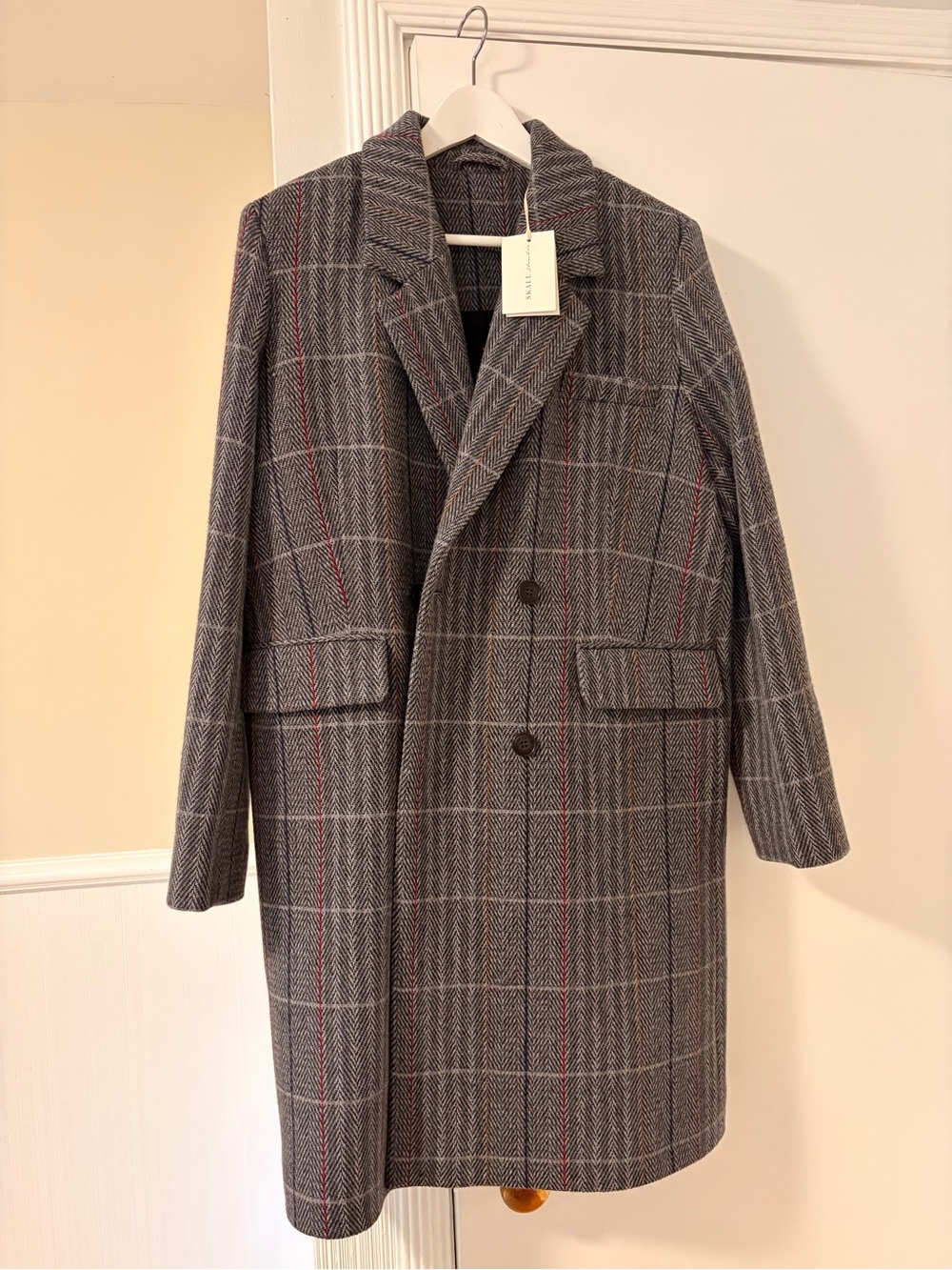 Skall Studio Women's Gray Plaid Trench Coat with Subtle Red Windowpane